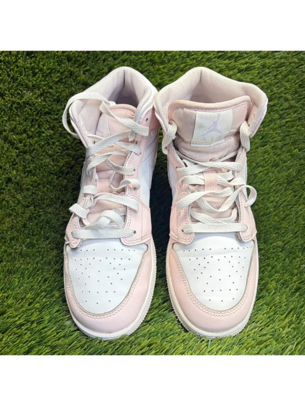 Nike Air Jordan 1 Mid Girls Size‎ 7Y Pink White Athletic Leather Shoes Sneakers